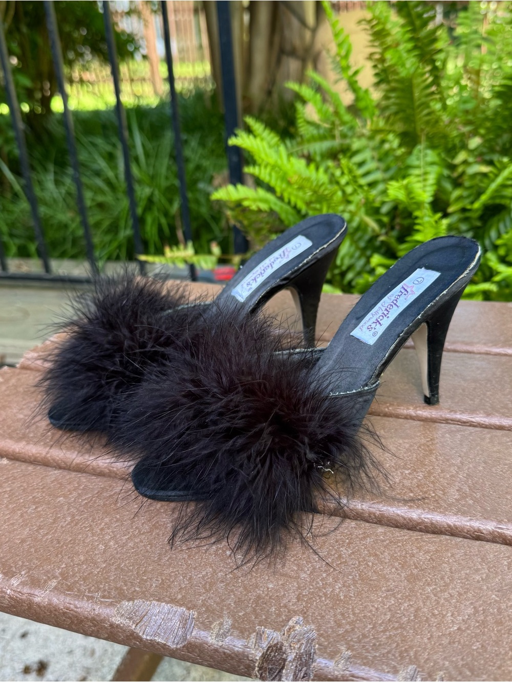 Frederick's of Hollywood Black Feather Slide Heels - Picture 4 of 5